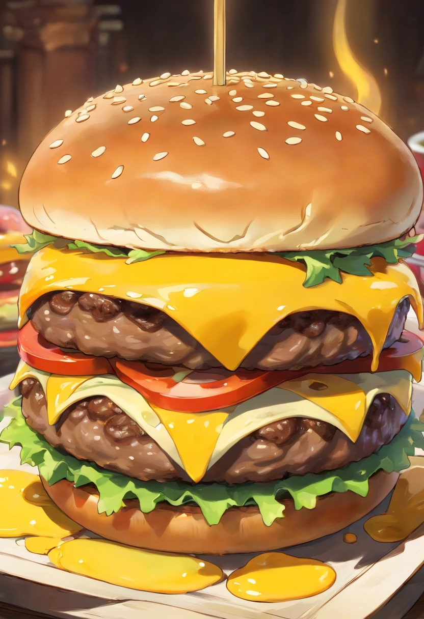 a close-up shot of a classic cheeseburger, with the cheese perfectly melted over the juicy beef patty, showcasing the deliciousness and mouthwatering appeal