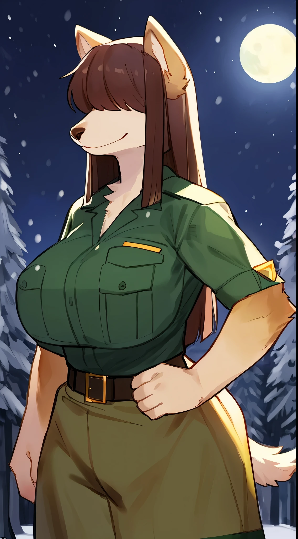 (((By bebebebebe))), female, ((canine, snout, hair covering eyes, straight hair, medium hair, flat hair, ears, thin snout)), brown fur, big poofy tail, raised tail, dark maroon hair, (muscular, big breasts), solo, standing, (tan and green park ranger uniform, tan uniform), snow, snowing, night time, moon, forest, smiling, happy, fun pose, happy pose