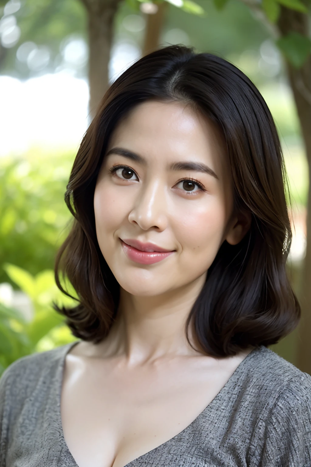 Standing in the park, Wrinkles around the eyes, Smiling with teeth showing, Plain short-sleeved clothing, senior citizen, Draw lips correctly, Red lipstick, No discomfort, 16K, Highest quality, Very detailed, Realistic, Very detailed肌, (Japanese), (alone), 60 years old, Large Breasts, , Glamour, sexy, Chromo White Skin, Staring straight ahead,
