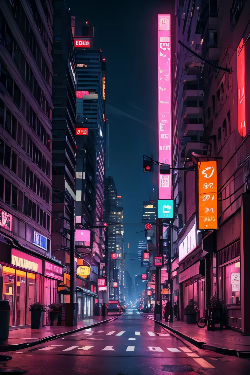 The city of the future, Cyberpunk night deserted street violet