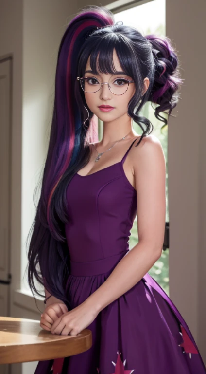 (Obra maestra, La mejor calidad, fotorrealista, Altas Resoluciones, Cinematographer, :1.3), foco nítido, 1 chica hermosa , Chica Americana , , Modelo hermosa, diafragma, Ojos color morado y pupilas altamente detallados, Piel realista, Forma delgada del cuerpo, escote, cabello extremadamente detallado, They are smiling, sexy, fondo variado , ((realista, super-realistic, realismo, Detalles realistas)) Twilight Sparkle , mlp , gafas de lectura , lindo maquillaje ,labios rojos , cabello largo morado con mechas rosas y lilas, pony tail , cuerpo completo , cuerpo sexy , posando en biblioteca , posando arriba de el espectador , sobre espectador