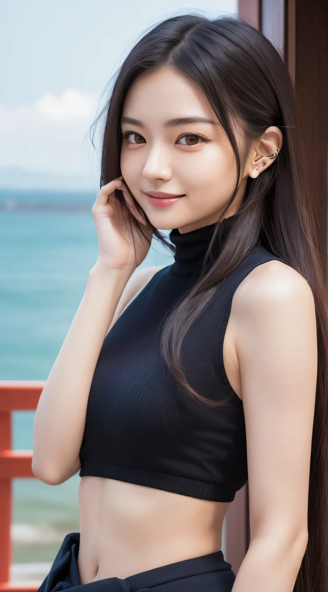 (One Woman),(Bursting smile:1.5),(Look at viewers:1.1),(hide one's hands:2.0),(Beautiful Japan Woman),straight nose,(hair behind ear, hair over shoulder, straight haired, Long hair, strong wind in the hair:1.5), ( High neck sleeveless , tight skirts:1.5), (high-heels;1.3), detailed clothes, (Perfect female body), (Narrow waist:1.5), (Bust Up Portrait:1.3), Dynamic Pose, Cinematic Light, cafes