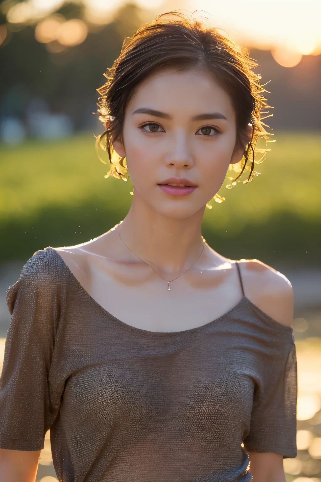 ((top-quality、8K、​masterpiece: 1.erfect Body Beauty: 1.4、Slender Abs: 1.2、Beautiful woman with slender abs:1.3、(Highlight Haircutreast B Cup:1.2), medium breast, round shape breast, perfect shape breast, ((( wear wet T-shirt, wide neck))) (((black strap on shoulder))), pubic hair,hight pubic bone,  necklace, hyperdetailed face、18year old、 Pretty women、(Dark brown short-cut hair), Slim Face、Highly detailed facial and skin texture、very detailed lips、opens legs、top-quality、​masterpiece、超A high resolution、(Photorealsitic:1.4), walked forward confidently, long shot , (outdoor), bright background, sunset light,