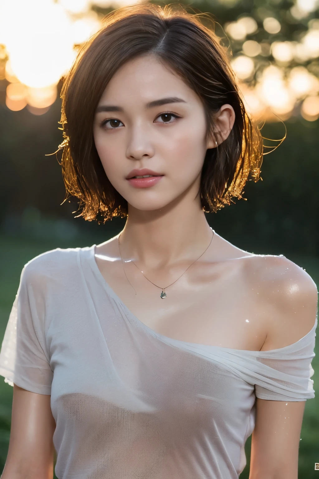 ((top-quality、8K、masterpiece: 1.erfect Body Beauty: 1.4、Slender Abs: 1.2、Beautiful woman with slender abs:1.3、(Highlight Haircutreast B Cup:1.2), medium breast, round shape breast, perfect shape breast, ((( wear wet T-shirt, wide neck))) (((black strap on shoulder))), pubic hair,hight pubic bone, necklace, hyperdetailed face、18year old、 Pretty women、(Dark brown short-cut hair), Slim Face、Highly detailed facial and skin texture、very detailed lips、opens legs、top-quality、masterpiece、超A high resolution、(Photorealsitic:1.4), walked forward confidently, long shot , (outdoor), bright background, sunset light,