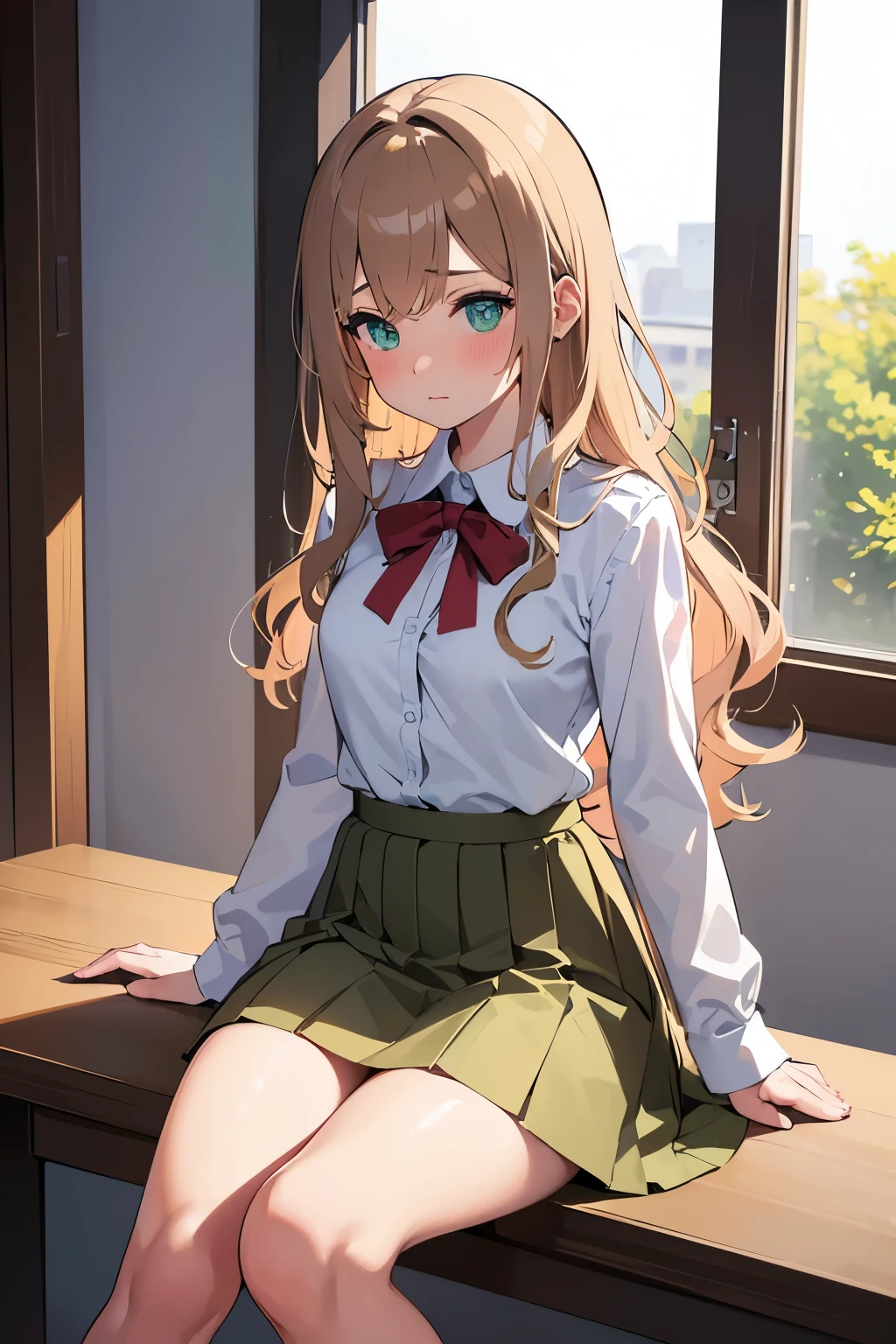 (Masterpiece:1.2, high quality), (pixiv:1.4), (1girl:1.2), (solo:1.2), beautiful caucasian woman, pale skin, face mask, detailed green eyes, (detailed eyes), wavy hair, asymmetric hair, bangs, (blush:1.2), (looking away), looking sideways, detailed neck, collabone, school uniform, unbuttoned white shirt, brown skirt, bare thighs, sitting beside window, windowsill, professional photography, vivid colors, soft lighting, high contrast, intrinsic details, natural beauty, aesthetic indoors, classroom, artistic details, (detailed face), ultra-detailed, 4k, HD, (highres:1.5),