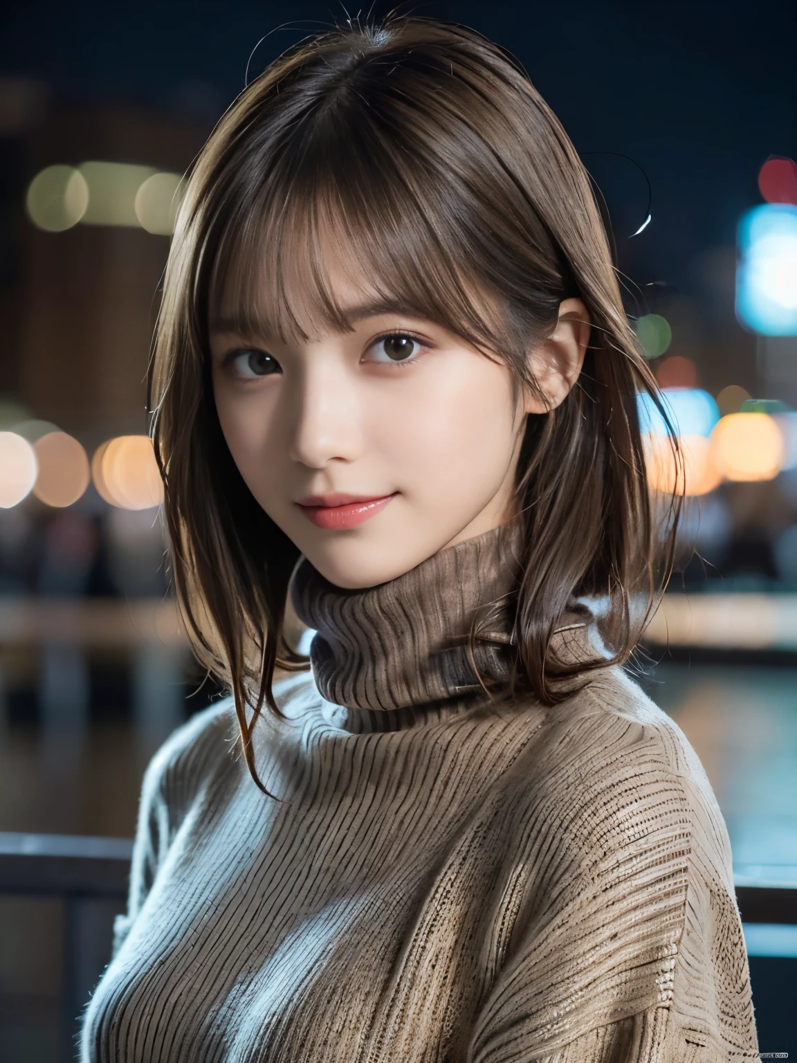 1girl in,(muffler, Turtleneck sweater:1.4),(Raw photo, Best Quality), (Realistic, Photorealsitic:1.4), masutepiece, extremely delicate and beautiful, Extremely detailed, 8k wallpaper, amazing, finely detail, extremely detailed CG Unity, hight resolution, Soft light, Beautiful detailed 19 year old girl, extremely detailed eye and face, beautiful detailed nose, Beautiful detailed eyes,Cinematic lighting,city light at night,Perfect Anatomy,Slender body,Smiling  (hair messy, asymmetrical bangs, light brown hair,)