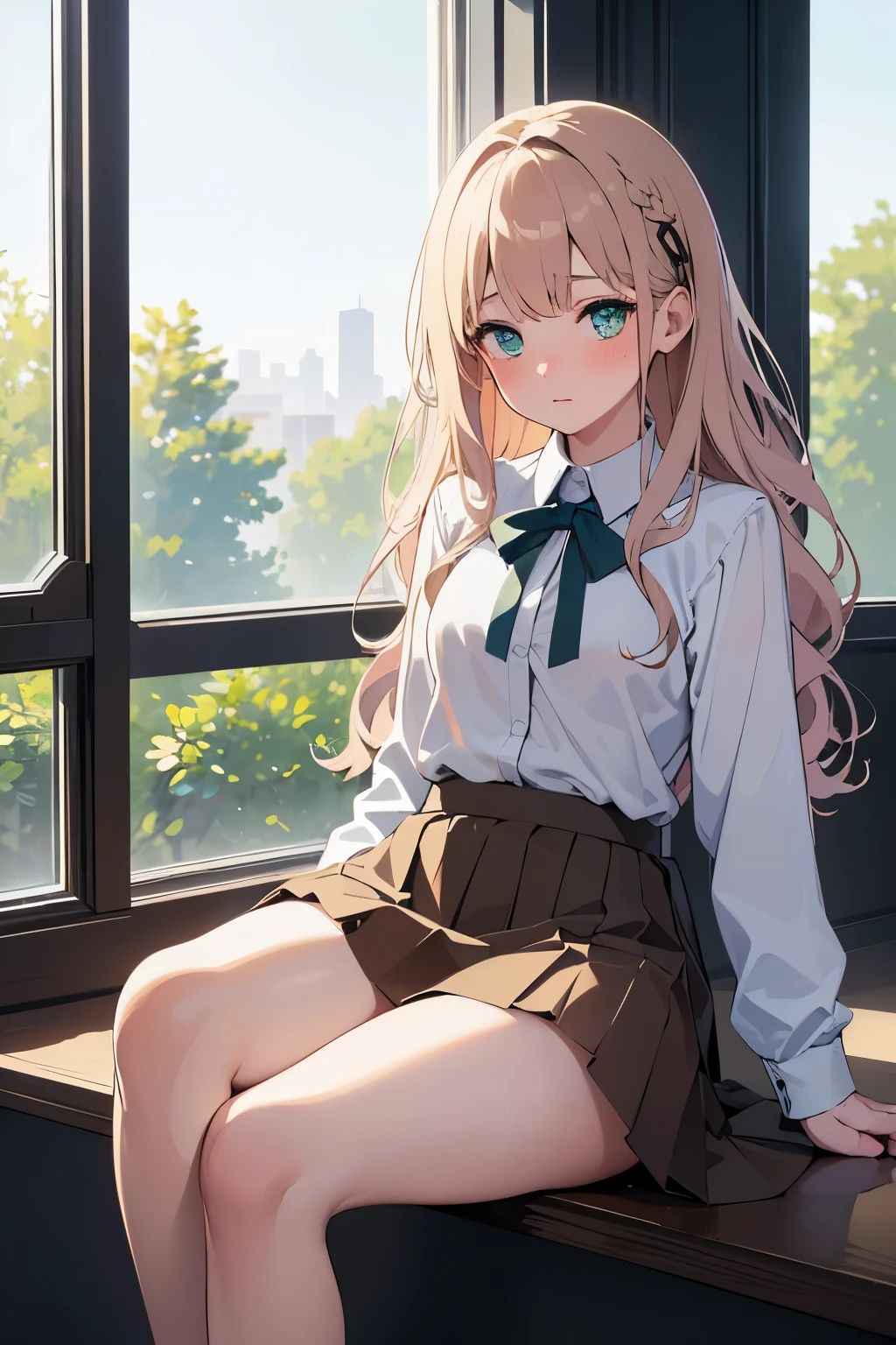 (Masterpiece:1.2, high quality), (pixiv:1.4), (1girl:1.2), (solo:1.2), beautiful caucasian woman, pale skin, face mask, detailed green eyes, (detailed eyes), wavy hair, asymmetric hair, bangs, (blush:1.2), (looking away), looking sideways, detailed neck, collabone, school uniform, unbuttoned white shirt, brown skirt, bare thighs, sitting beside window, windowsill, professional photography, vivid colors, soft lighting, high contrast, intrinsic details, natural beauty, aesthetic indoors, classroom, artistic details, (detailed face), ultra-detailed, 4k, HD, (highres:1.5),