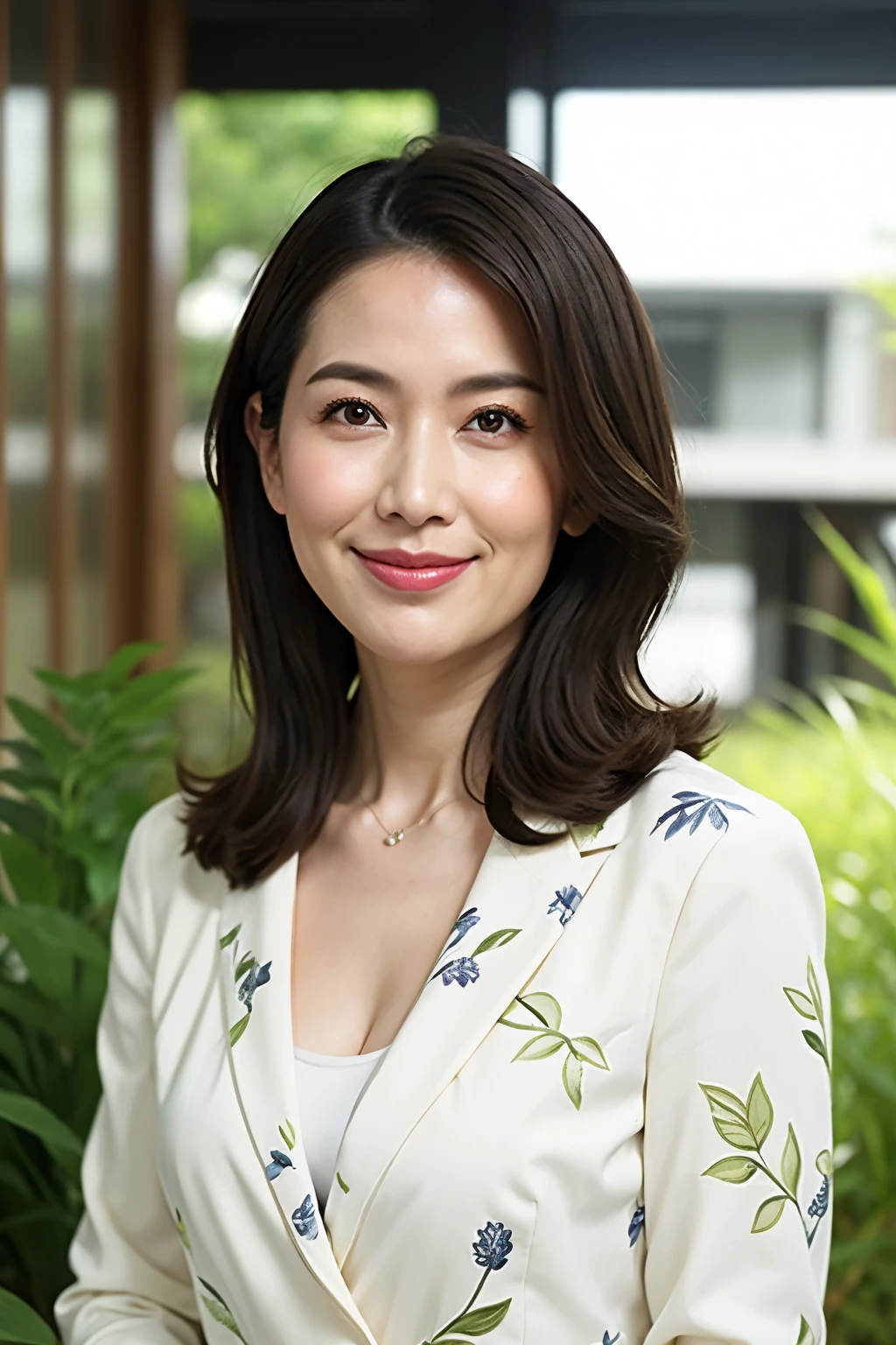 best qualtiy, in 8K, masuter piece, 逼真, Sharp Focus, high quarity, hight resolution, A detailed face, A detailed eye, Thick lip, (Look at viewers), 独奏, Middle-aged woman, Beautuful Women, 35 year old, plumw, Beautifully trimmed hair, cleavage of the breast, fancy pattern dresses, Afternoon in front of the park garden