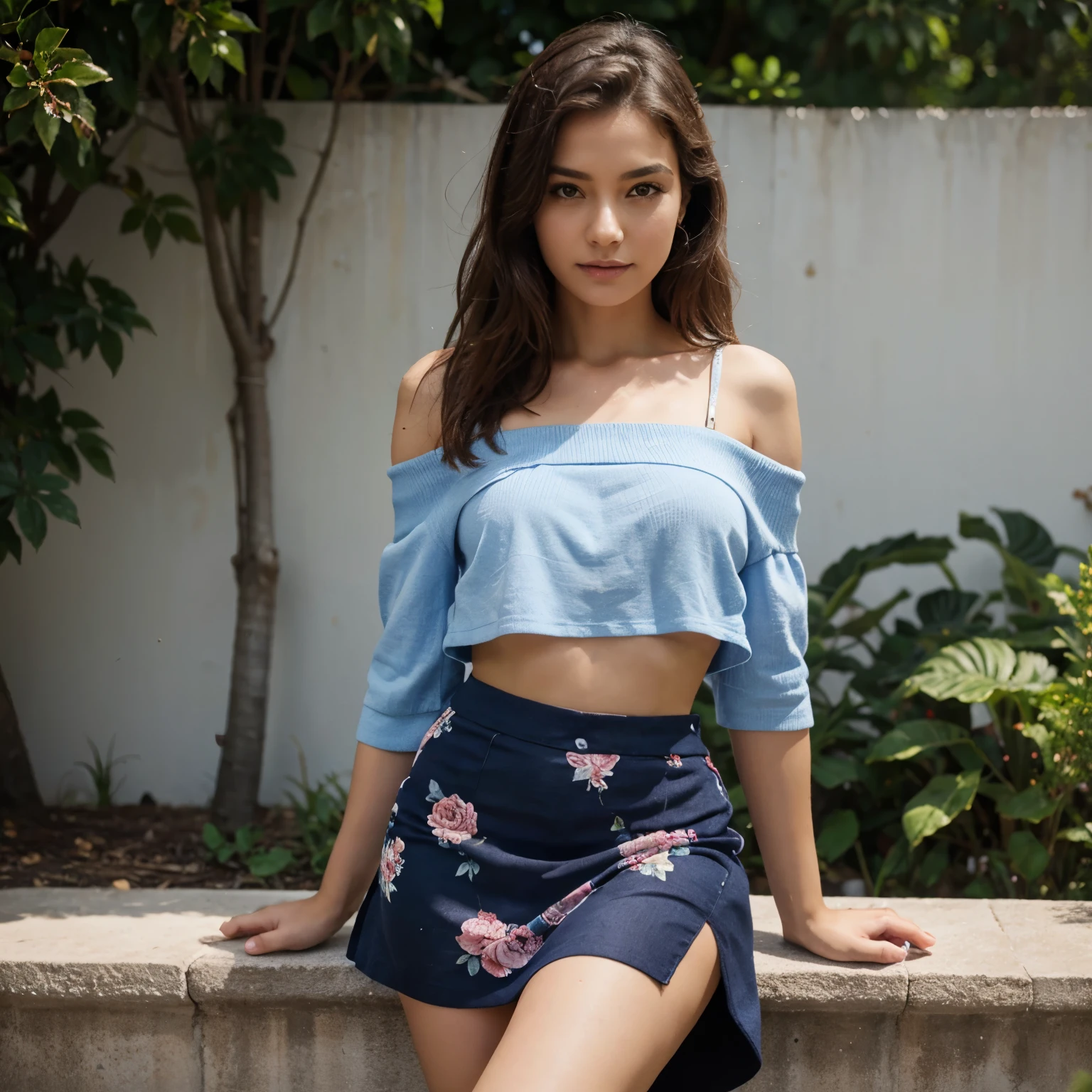 Off-the-shoulder strap crop top with a floral mini blue skirt
