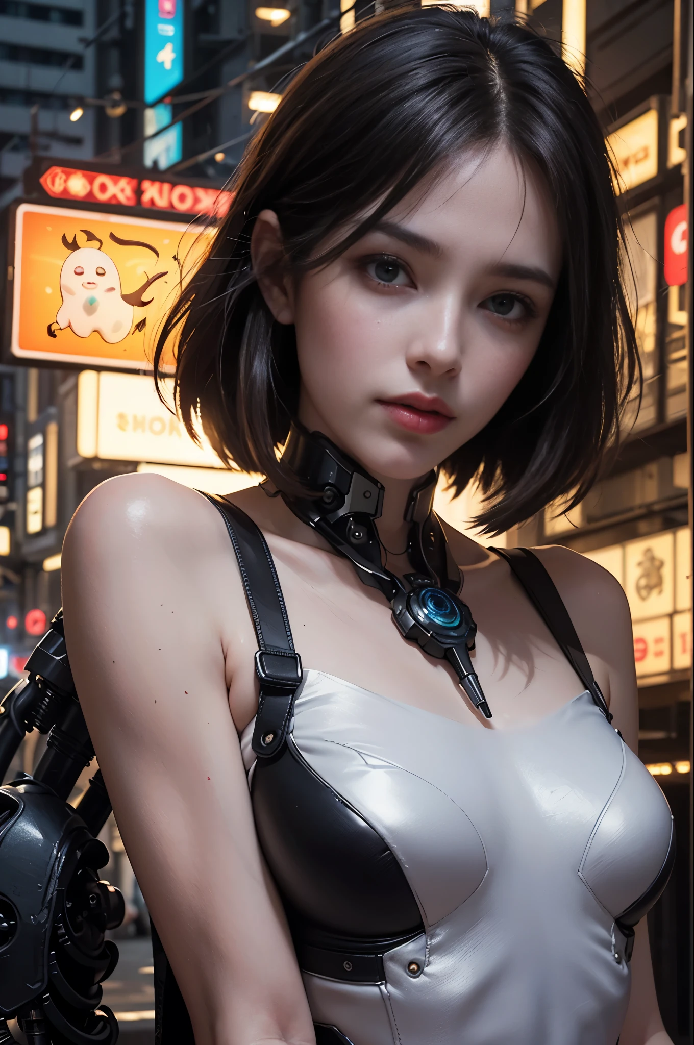 of the highest quality, masutepiece, Ultra High resolution, ((Photorealistic: 1.4), raw Photo, 1 Cyberpunk Android Girl, Glossy skin, (Ultra realistic Details)), Mechanical limbs, Tubes connected to mechanical parts, Mechanical vertebrae attached to the spine, Mechanical cervical attachment to the neck, Wires and cables connecting to the head, Evangelion, ((Ghost in the Shell)), Small glowing LED lamp, global lighting, Deep Shadows, Octane rendering, 8K, ultrasharp, Metal, Intricate decoration details, Baroque style details, high intricate detailed, Realistic light, Trends in CG, Facing the camera, neon details, (android factory on background), Art by H.r. Giger and Alphonse Mucha.There&#39;s a drill in my head