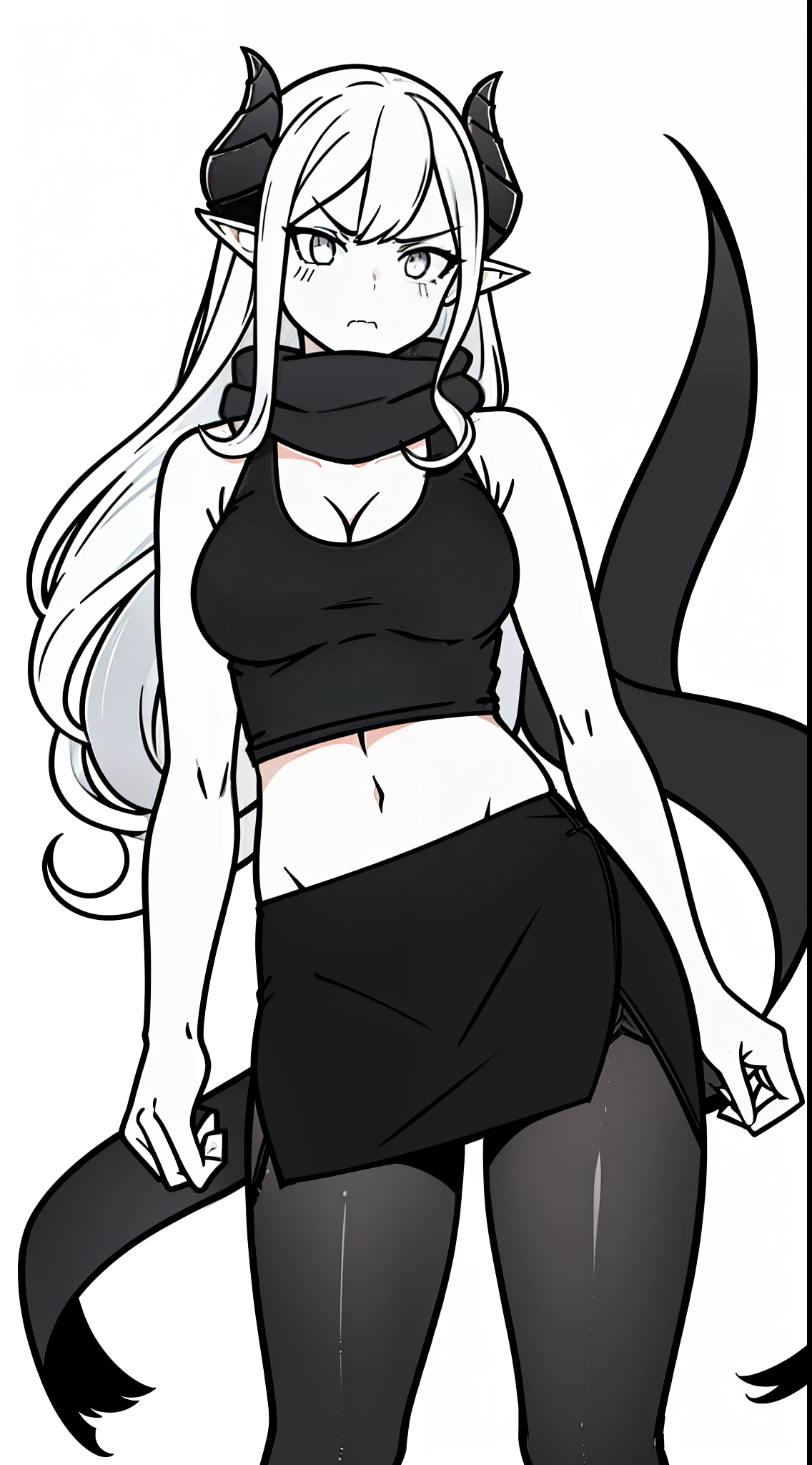 1girl,20s,solo,mature female,small breasts,long hair, white hair,curly hair,((angry face)),show belly,cleavage,horns,elf ears,scarf,((black tank top,black pencil skirt,black pantyhoses)),standing,(white background, monochrome, line drawing,),cowboy shot