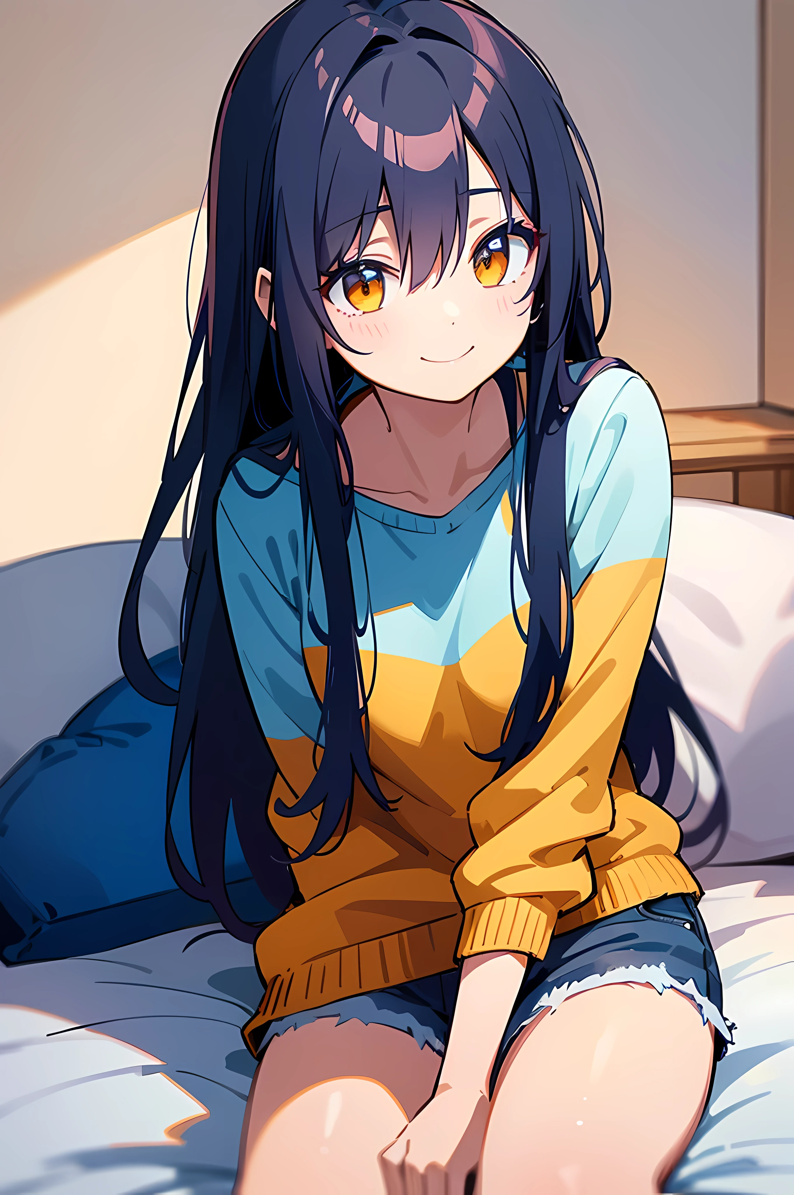 (8K Ultra High-Quality) (Masterpieces) (Image) (人物: Rimuru) 1 Girl 17years old, Long Black hair, Orange eyes colors, wearing Blue hoodie, wearing long Jean, sitting on bed, background in bedroom, smile looking at viewer.