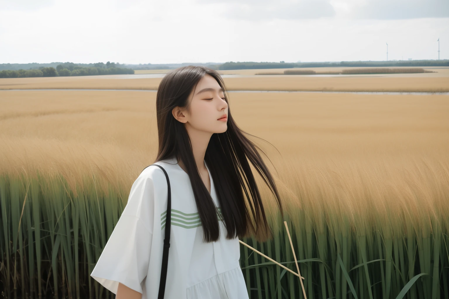 18-year-old girl,sportrait,sideface,完全的sideface,sideface,With his eyes closed,long eyelasher,the detail,prette,incomparable beauty,being thin,惨blanche的肤lanche,calm countenance,Intoxicated expression,Green reeds taller than people,2 meters high green reeds,tall green reeds,Endless reed marshes,tall reeds,Reeds taller than a human being,There is wind,The wind blows messy hair,artistic conception,