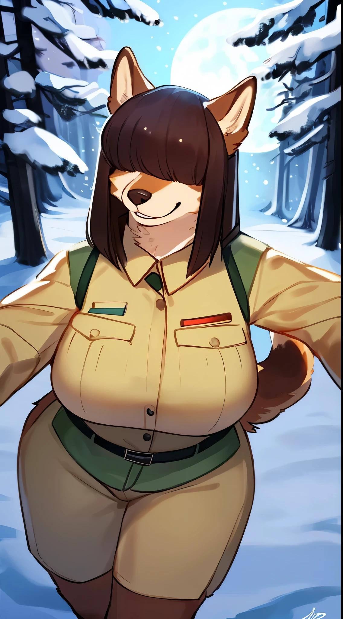 ((By bebebebebe)), (by lostgoose, by goonie-san), female, ((canine, snout, hair covering eyes, straight hair, medium hair, flat hair, ears, thin snout)), brown fur, big poofy tail, raised tail, dark maroon hair, (muscular, big breasts), solo, standing, (tan and green park ranger uniform, tan uniform), snow, snowing, night time, moon, forest, smiling, happy, fun pose, happy pose