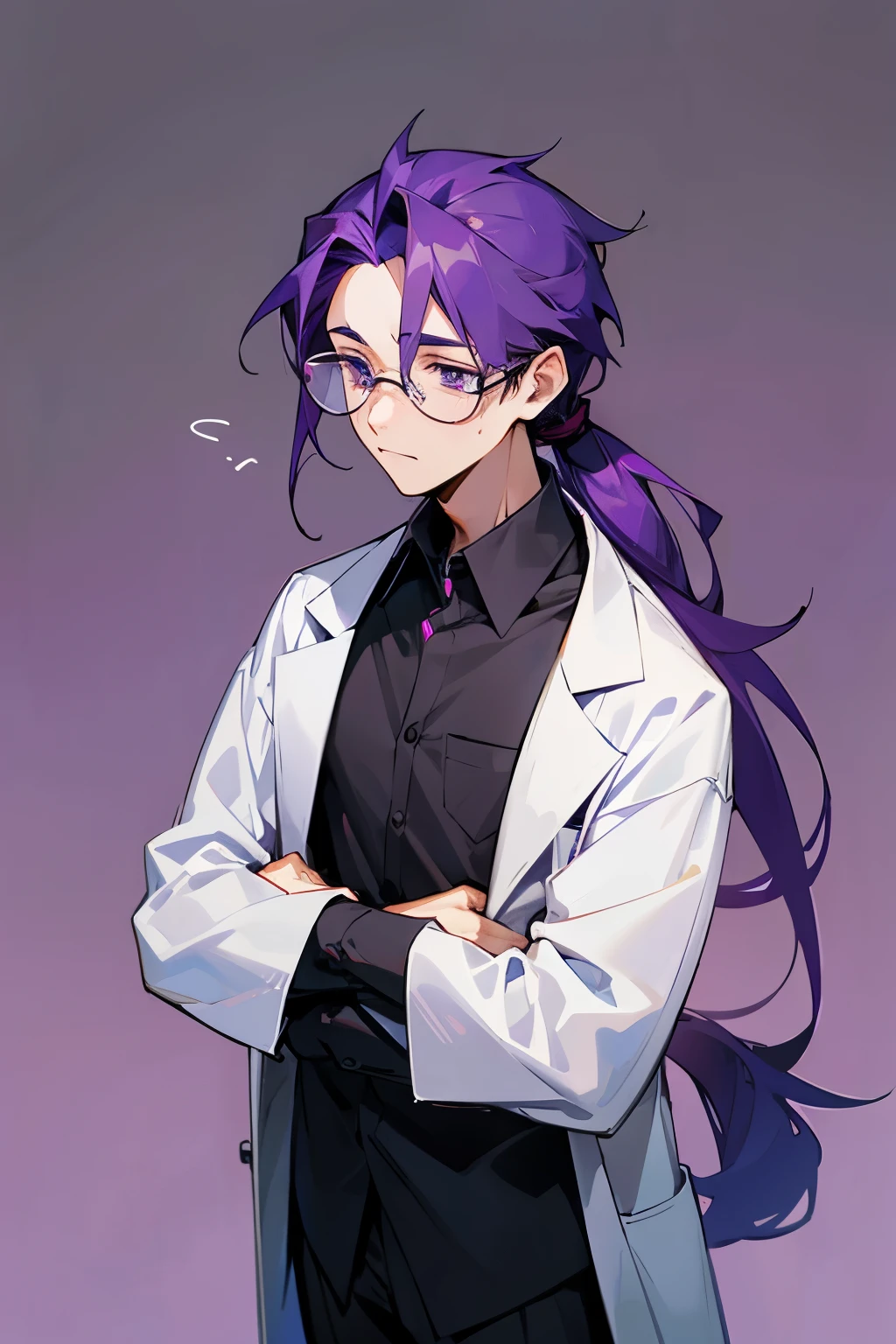 Male, long pony tail, purple hair, tired eyes, glasses, lab coat, black shirt, tired face, lab, writting notes