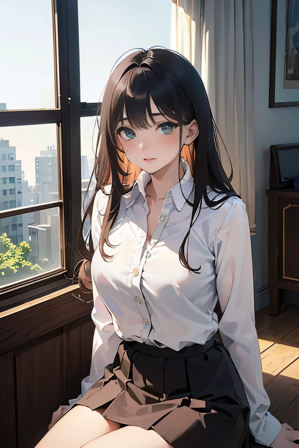 (Masterpiece:1.2, high quality), (pixiv:1.4), (1girl:1.2), (solo:1.2), beautiful caucasian woman, pale skin, (face mask), detailed green eyes, (detailed eyes), wavy hair, asymmetric hair, bangs, (blush:1.2), (looking away), looking sideways, detailed neck, collabone, school uniform, (unbuttoned shirt), brown skirt, bare thighs, sitting beside window, windowsill, professional photography, vivid colors, soft lighting, high contrast, intrinsic details, natural beauty, aesthetic indoors, classroom, artistic details, (detailed face), ultra-detailed, 4k, HD, (highres:1.5),