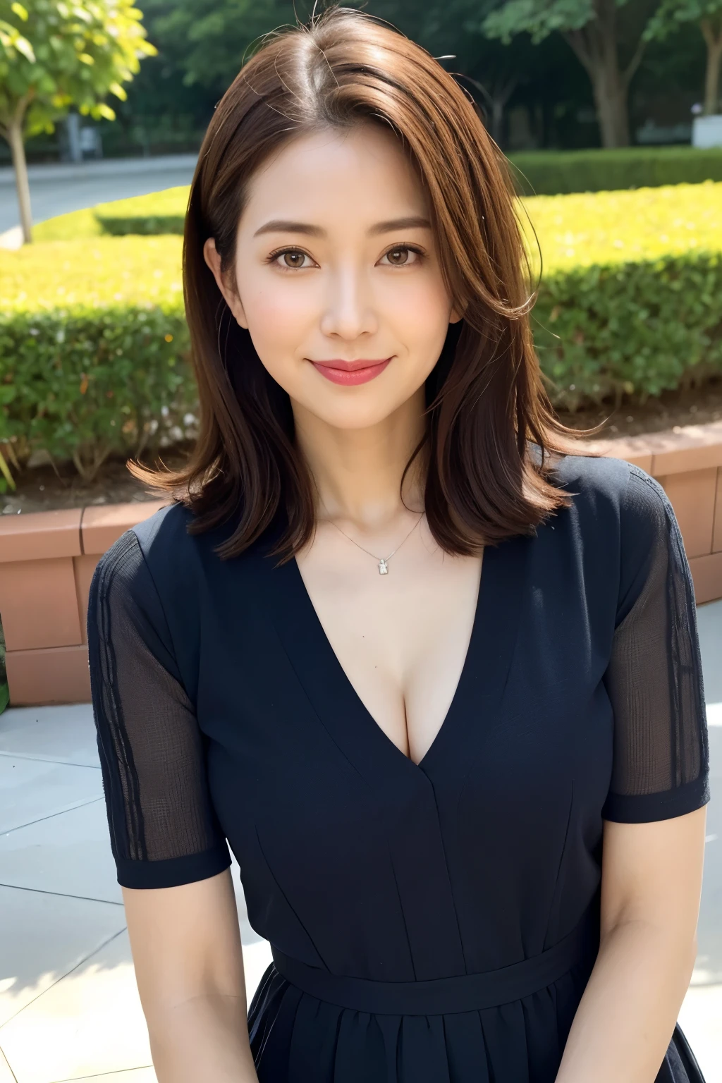 best qualtiy, in 8K, masuter piece, 逼真, Sharp Focus, high quarity, hight resolution, A detailed face, A detailed eye, Thick lip, (Look at viewers), 独奏, Middle-aged woman, Beautuful Women, 35 year old, plumw, Beautifully trimmed hair, cleavage of the breast, brightly colored patterned dress, Afternoon in front of the park garden