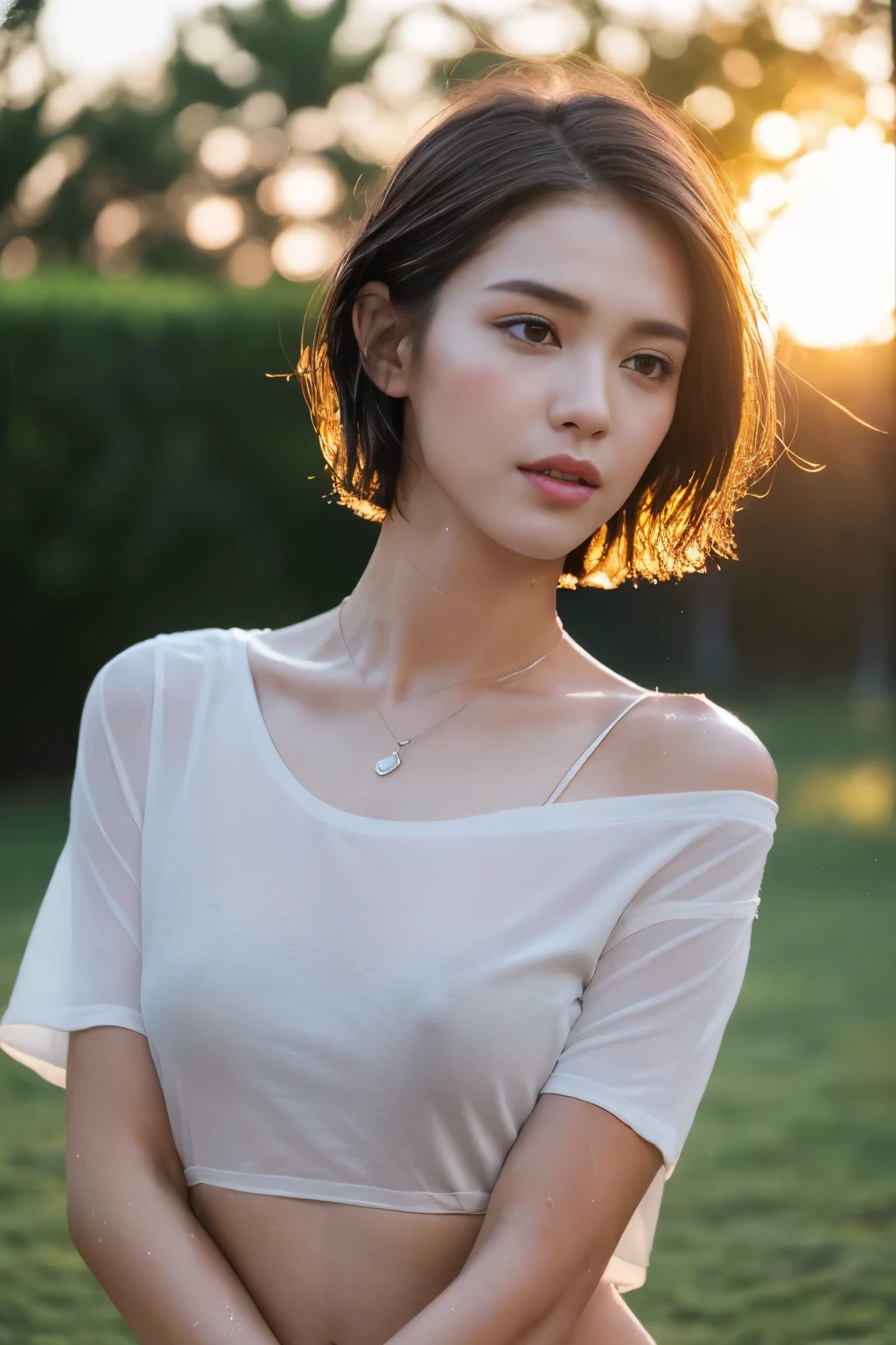 ((top-quality、8K、masterpiece: 1.erfect Body Beauty: 1.4、Slender Abs: 1.2、Beautiful woman with slender abs:1.3、(Highlight Haircutreast B Cup:1.2), medium breast, round shape breast, perfect shape breast, ((( wear wet T-shirt, wide neck))) (((black strap on shoulder))), pubic hair,hight pubic bone, necklace, hyperdetailed face、18year old、 Pretty women、(Dark brown short-cut hair), Slim Face、Highly detailed facial and skin texture、very detailed lips、opens legs、top-quality、masterpiece、超A high resolution、(Photorealsitic:1.4), walked forward confidently, long shot , (outdoor), bright background, sunset light,