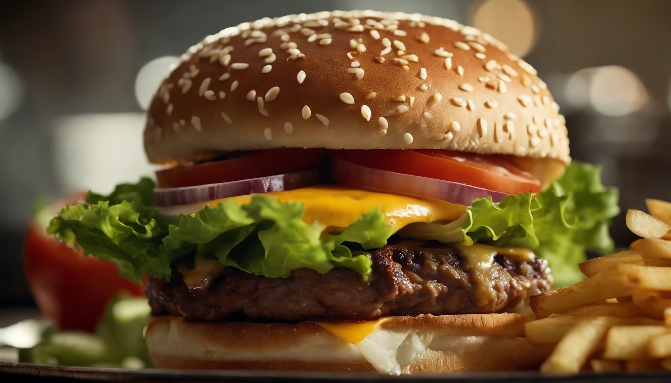 a detailed shot of a burger being assembled, with layers of beef, cheese, lettuce, tomatoes, onions, and condiments, showcasing the craftsmanship and ingredients that make up this classic dish