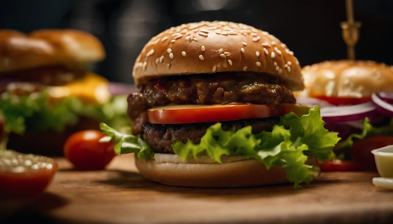 a detailed shot of a burger being assembled, with layers of beef, cheese, lettuce, tomatoes, onions, and condiments, showcasing the craftsmanship and ingredients that make up this classic dish