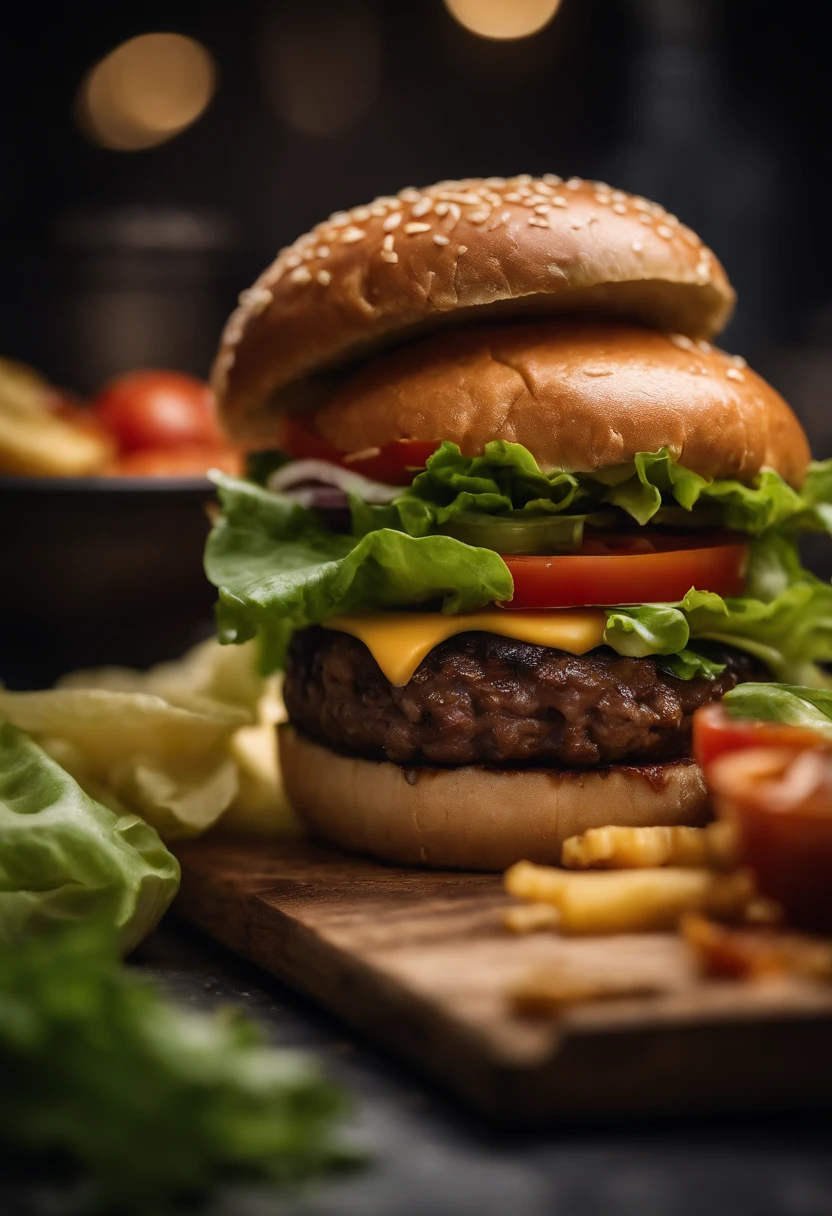 a detailed shot of a burger being assembled, with layers of beef, cheese, lettuce, tomatoes, onions, and condiments, showcasing the craftsmanship and ingredients that make up this classic dish
