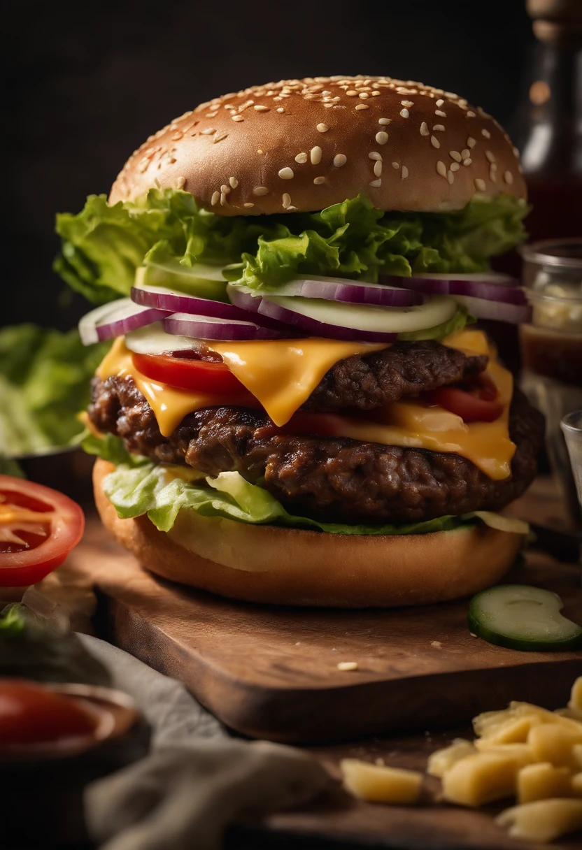 a detailed shot of a burger being assembled, with layers of beef, cheese, lettuce, tomatoes, onions, and condiments, showcasing the craftsmanship and ingredients that make up this classic dish