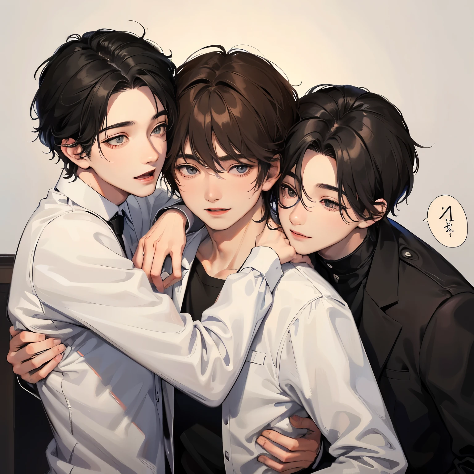 two men of different heights、men and men、Black-haired man、Man hugging each other、A detailed face、Happy expression on face、Lovers、Boys Love
