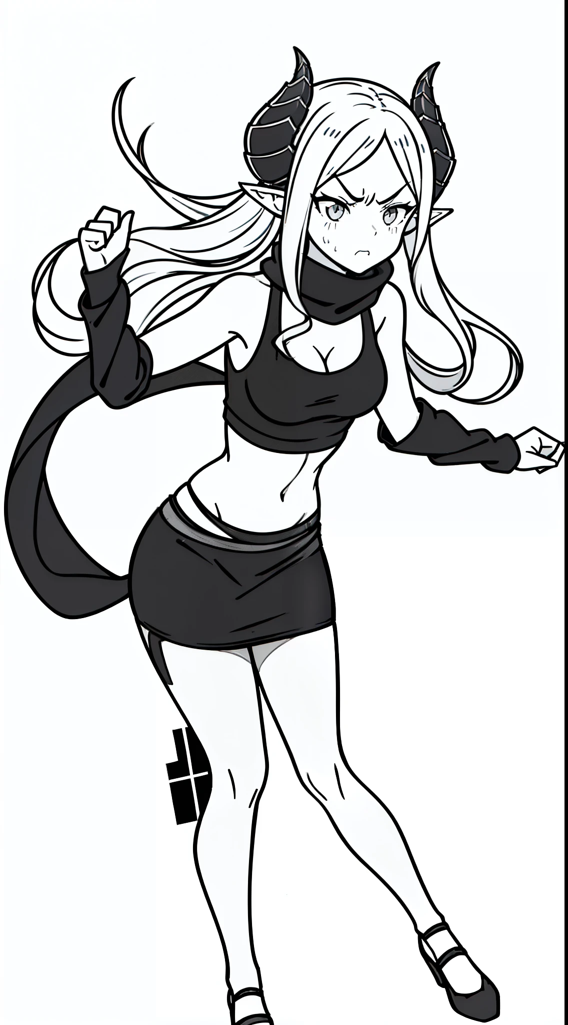 1girl,20s,solo,mature female,small breasts,long hair, white hair,curly hair,((angry face)),show belly,cleavage,horns,elf ears,scarf,((black tank top,black pencil skirt,black pantyhoses)),standing,(white background, monochrome, line drawing,),cowboy shot