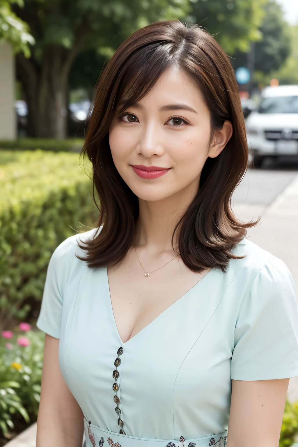 best qualtiy, in 8K, masuter piece, 逼真, Sharp Focus, high quarity, hight resolution, A detailed face, A detailed eye, Thick lip, (Look at viewers), 独奏, Middle-aged woman, Beautuful Women, 35 year old, plumw, Beautifully trimmed hair, cleavage of the breast, brightly colored patterned dress, Afternoon in front of the park garden