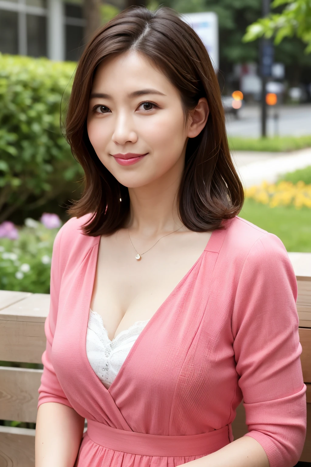 best qualtiy, in 8K, masuter piece, 逼真, Sharp Focus, high quarity, hight resolution, A detailed face, A detailed eye, Thick lip, (Look at viewers), 独奏, Middle-aged woman, Beautuful Women, 35 year old, plumw, Beautifully trimmed hair, cleavage of the breast, brightly colored patterned dress, Afternoon in front of the park garden