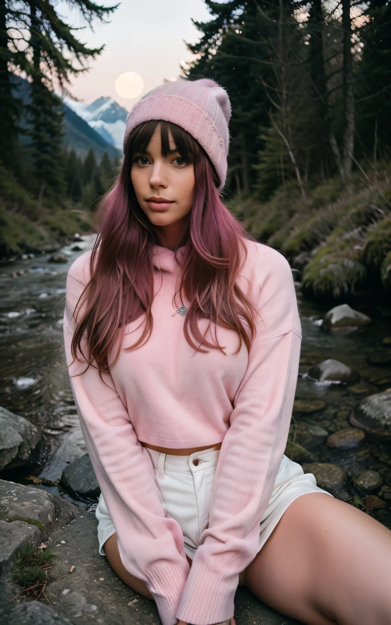 fotorrealista, best quality, hiper detalhado, Beautiful woman, cabelo rosa longo, foto de selfie com franja e olhos azuis, She is facing her cell phone camera's pink upper body, soio, wearing pullover, rosa ao ar livre, (Noite), Montanhas, natureza da vida real, Estrelas, lua, (alegre, Feliz), Luvas, pink pullover, gorro, cor rosa, lanterna, Floresta, Rochas, Rio, Madeira, smoke billowing, mistborn, analogue style, Olhando para o Viewer, textura da pele, filmic grain, fechar para cima, Ultra high resolution.