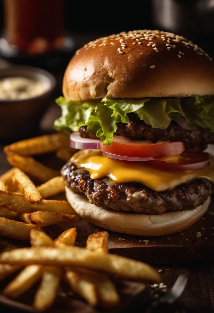 a top-down shot of a cheeseburger on a rustic wooden table, with sesame seeds sprinkled on the bun and a side of crispy golden fries, creating a classic American diner aesthetic