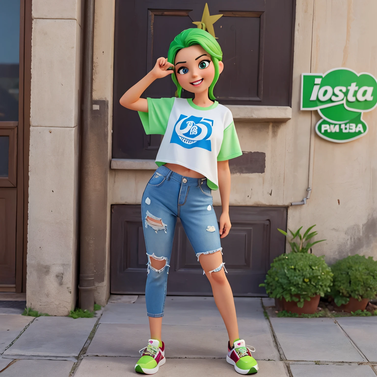 Estilo Pixar. Mulher alta, magra. Cabelos longos, loiros, com sidecut. Olhos verdes, redondos. look of ecstasy. Piercing na orelha e no nariz. Roupa estilosa e despojada no estilo de festa alternativa. sneakers Nike. Camiseta longa, preta com logotipo da LabellaMafia, com estampa de festa. Short curto, jeans. Party Scene, em cima do palco, com uma pick-up de DJ. profession Dj. Com um fone de ouvido. ((best quality, 8k, master part: 1.3)), foco nítido: 1.2.