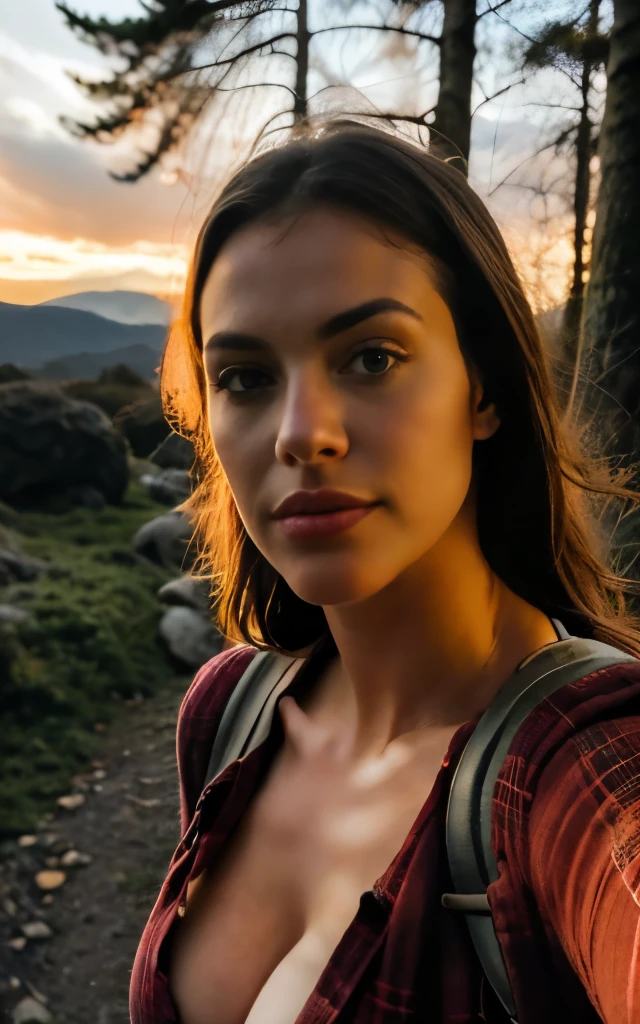 nordic blonde woman, shy, ((upper body selfie, innocent)), masterpiece, best quality, ultra-detailed, solo, outdoor, (night), mountains, nature, shy, backpack, sleeping bag, country boot, country hat, red plaid shirt long sleeve open, lantern, forest, rocks, river, wood, smoke, shadows, contrast, clear sky, style, (warm hue, warm tone: 1.2), close-up, cinematic light, side lighting, ultra high resolution, best shadow, RAW, upper body, wearing lingerie, seductive look, expone huge breasts, 4k, open neckline, sexy