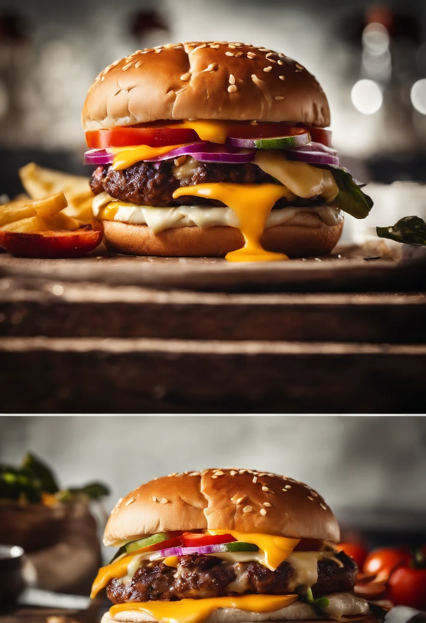 a dynamic shot of a cheeseburger being bitten into, with cheese oozing out and the vegetables adding a pop of color, capturing the texture and indulgence of each bite