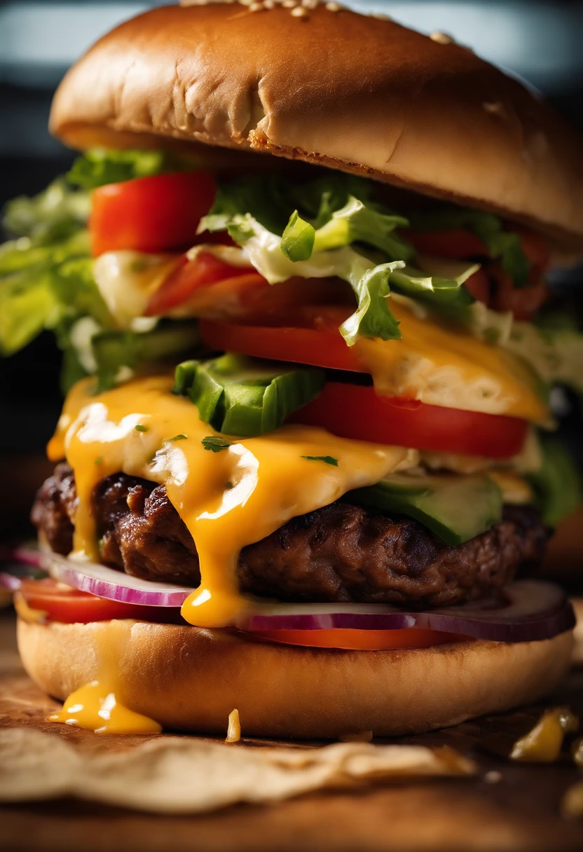 a dynamic shot of a cheeseburger being bitten into, with cheese oozing out and the vegetables adding a pop of color, capturing the texture and indulgence of each bite