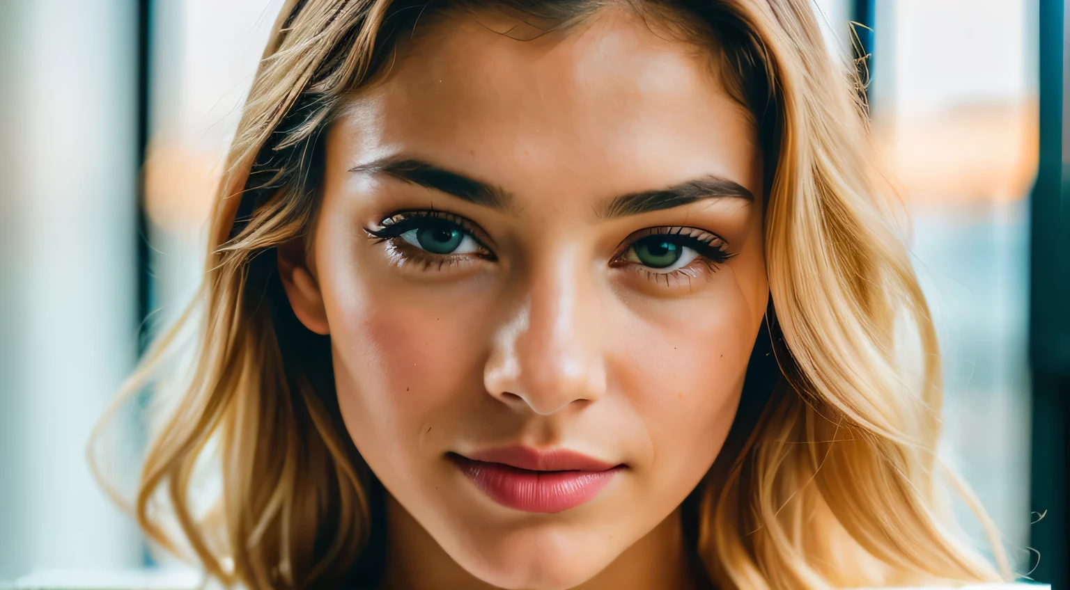 Smile, beautiful european model, Sunlight, Close-up shot of face only,  1 Girl with a beautiful face, Photographer 1.4), (Full body portrait: 1.4),Raw UHD Portrait Photography, background at room , Detailed (Texture!, hair!, shine, Color!!, defect: 1.1), highly Detailed glowing eyes, (looking in camera), Specular Light, Digital SLR, Extreme quality, sharp focus, sharp, degrees of freedom, Film grain, (Centered), FUJI XT3, Crystal clear, center of frame, Cute face, sharp focus, Bokeh, lowkey,  intricate eye details