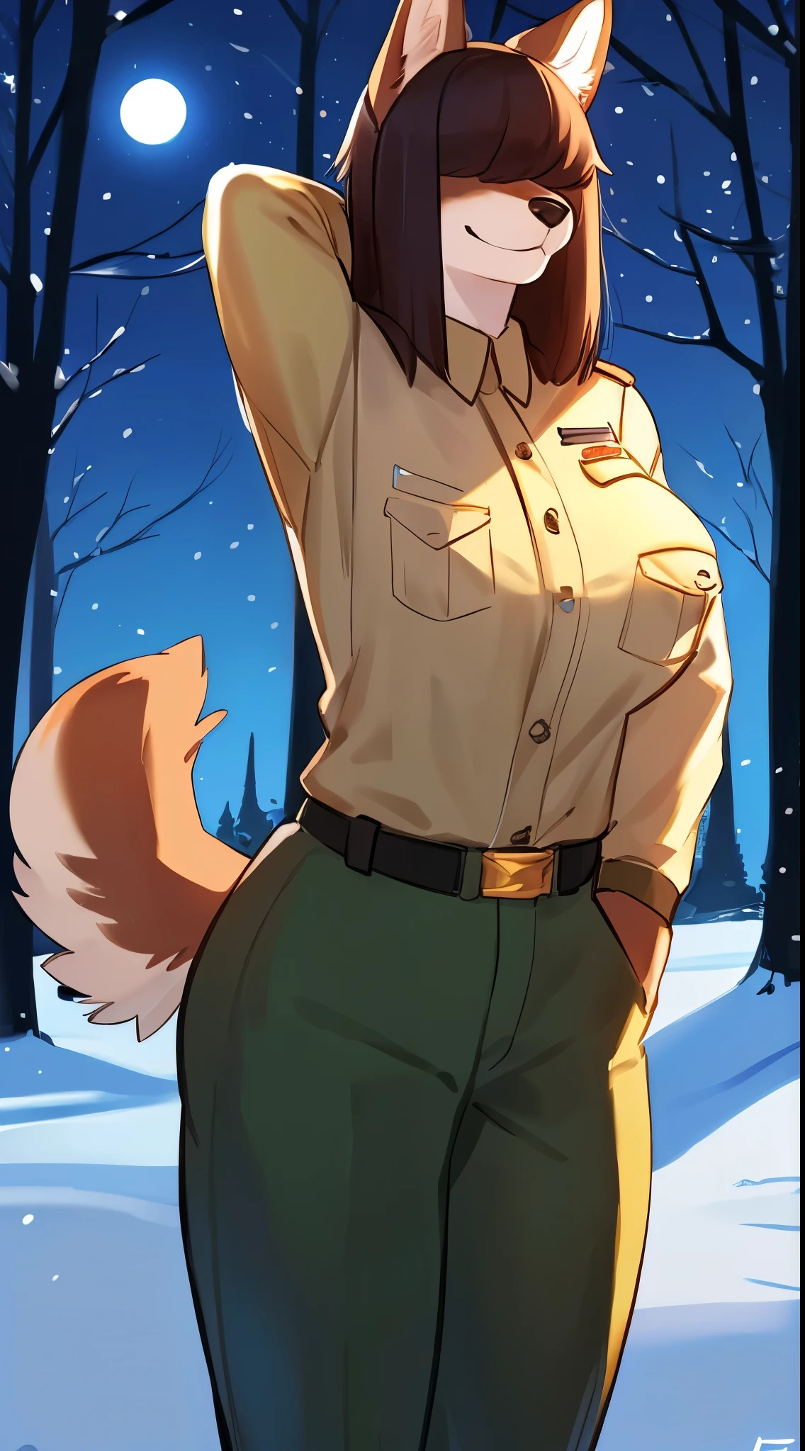 ((By bebebebebe)), (by lostgoose, by goonie-san), female, ((canine, snout, hair covering eyes, straight hair, medium hair, flat hair, ears, thin snout)), brown fur, big y tail, raised tail, dark maroon hair, (muscular, big olo, standing, (tan and green park ranger uniform, tan uniform), snow, snowing, night time, moon, forest, smiling, happy, fun pose, happy pose