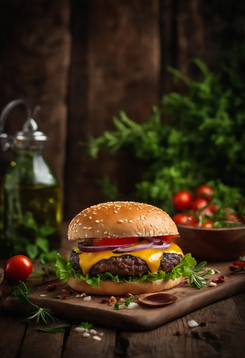 a creative shot of a cheeseburger with a rustic wooden background, adorned with fresh herbs and spices, evoking a sense of gourmet quality and culinary artistry
