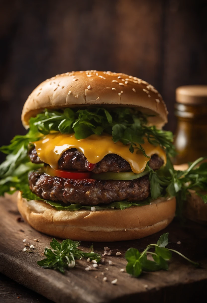 a creative shot of a cheeseburger with a rustic wooden background, adorned with fresh herbs and spices, evoking a sense of gourmet quality and culinary artistry