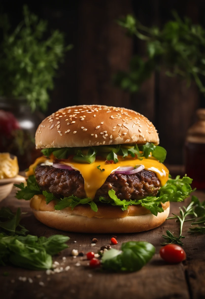 a creative shot of a cheeseburger with a rustic wooden background, adorned with fresh herbs and spices, evoking a sense of gourmet quality and culinary artistry
