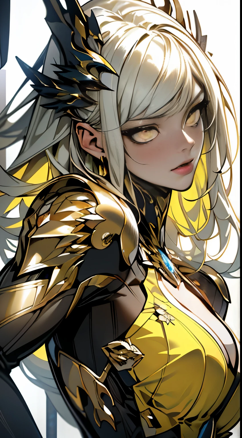 (Masterpiece:1.2,hiquality), 1girl, ((ultra realistic details)), Global Illumination, eye shadow, dinamic lighting, Unreal engine, Octane Render, 8K, ultra sharp, Metal, Intricate, ornaments detailed, highly intricate details, Yellow eyes, (Mechanical body:1.2), white colored hair, (black mask), transmission, apocalypse,