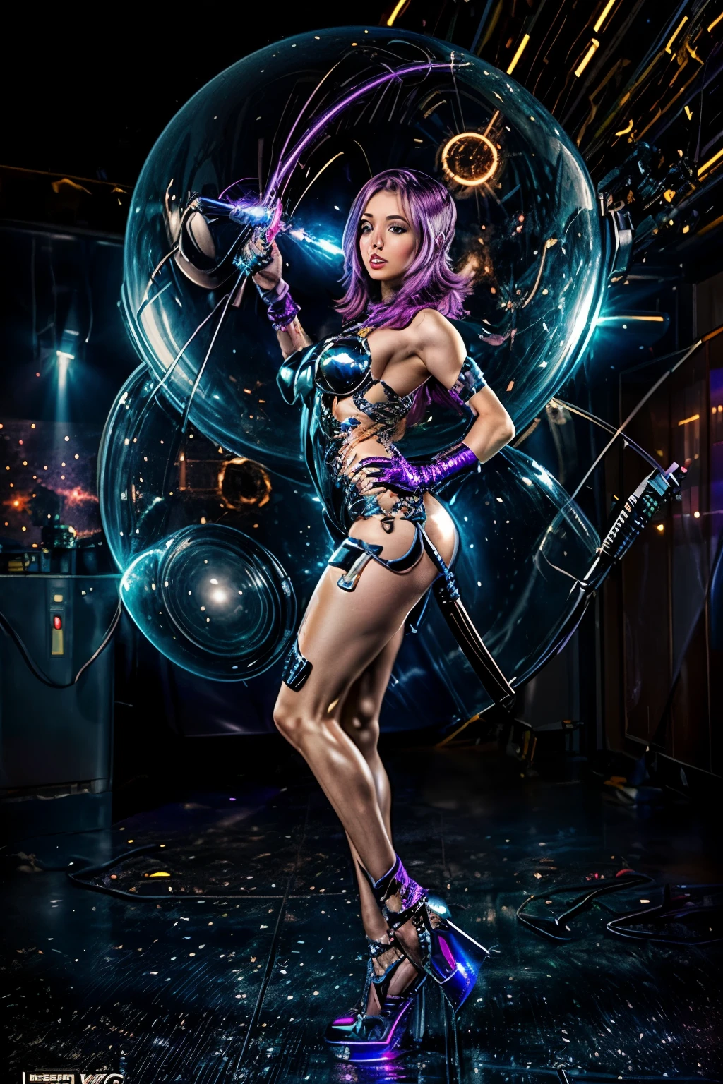 Luciwilde is a sexy cyborg with a entirely electric purple metallic body, metal helmet stylized as a fashion model hairdo (no hair visible), and a completely human face. She is flying through space propelled by jets in her feet. She has a guitar with a laser rifle built into it. Full body shot, show all of her, action pose with her weapon