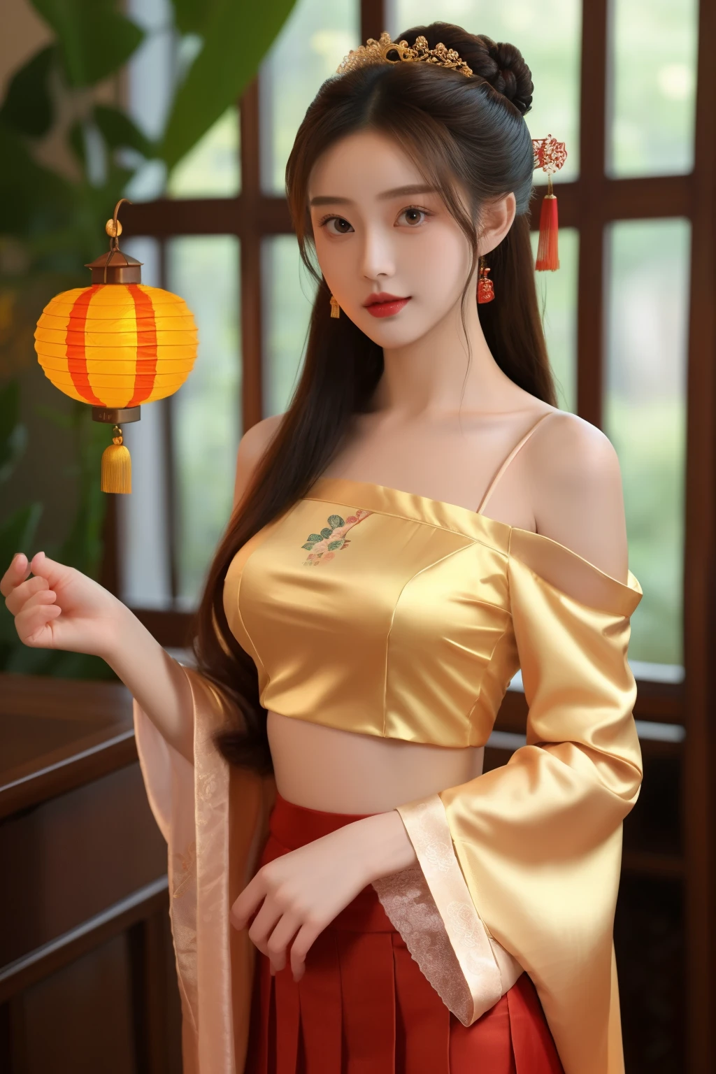 ultra-detailed,highly detailed,best quality,masterpiece,illustration,realistic,
dudou,chinese underwear, 
1girl,shirtlift, solo,
long hair,  half updo, collarbone,  midriff, 
hanfu, shirt, see-through, chinese clothes, skirt, long sleeves,wide sleeves,  dress,camisole,  jewelry,hair ornament, 
off shoulder, bare shoulders, 
arm up, standing, looking at viewer, 
flower, lantern,indoors, holding, blurry background, photo background,