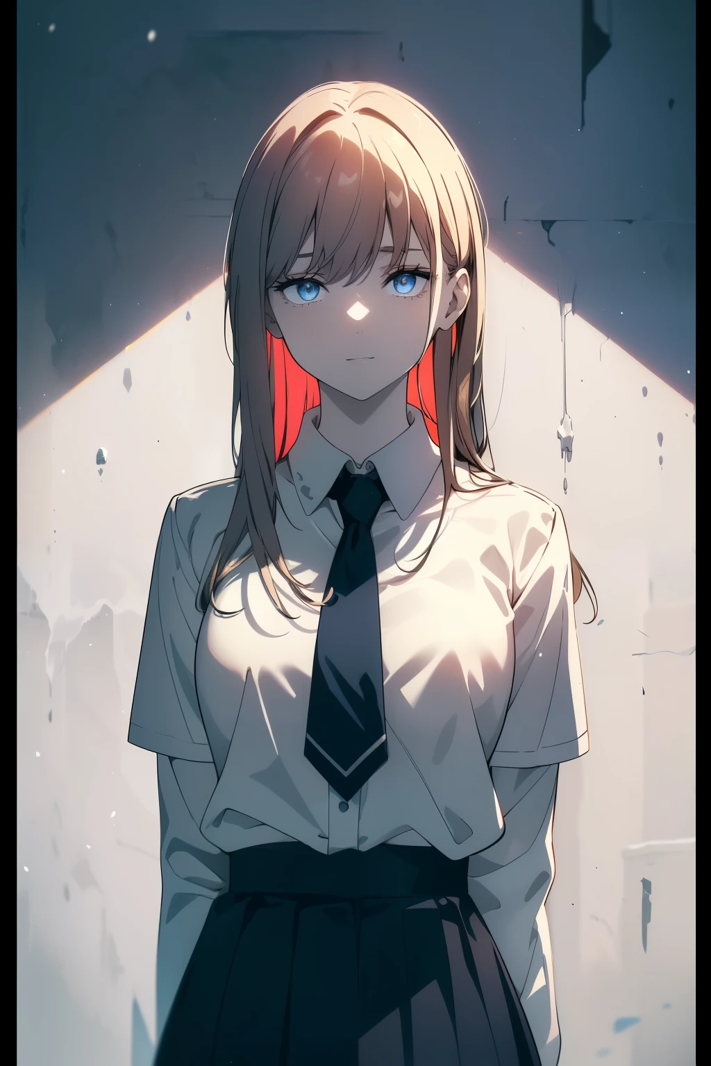 (Obra maestra, La mejor calidad, ultrahigh resolution), 1girl, standing, school uniform, white office shirt, black pleated skirt, ((light brown, light brown hair:0.7), long hair cut, pale skin, ((blue eyes)), glowing_eyes, neon eyes, (ultra detailed eyes, beautiful and detailed face, detailed eyes), ((centered)), smile, ((wide shot)), facing viewer, eye level, (blurry background, bright snowy background, winter), flat chested, looking at viewer, ((half closed eyes)), ((perfect hands)), (((head, arms, hips, elbows, in view))), ((hands behind back)), empty eyes, beautiful lighting, outside, outdoors, background, defined subject, 25 years old,
