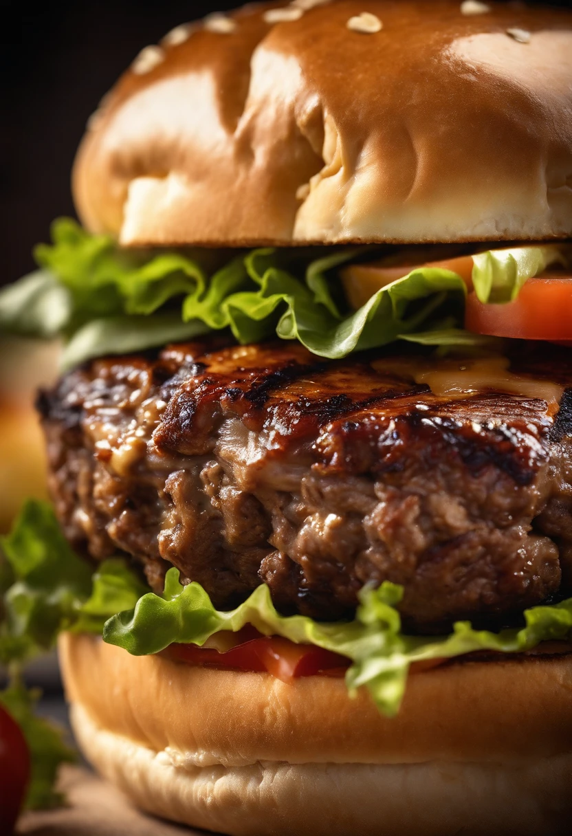 a macro shot of a perfectly grilled beef patty on a cheeseburger, with grill marks and a juicy interior, showcasing the attention to detail and quality of the ingredients.