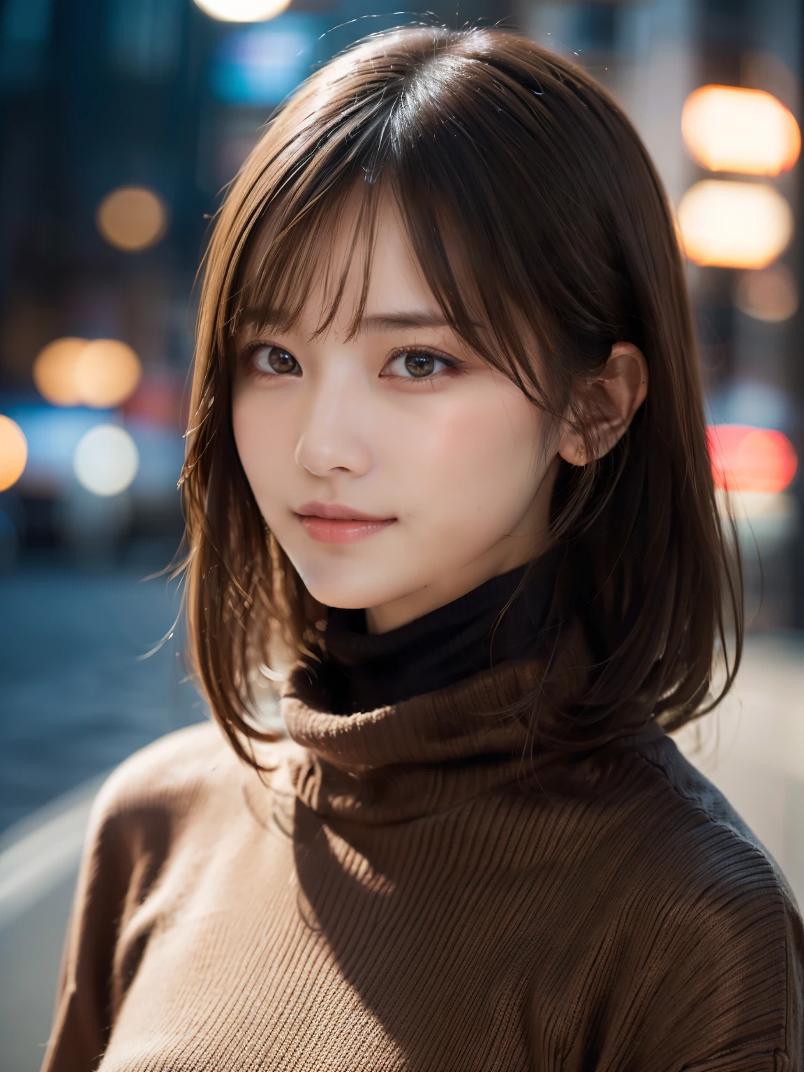 1girl in,(muffler, Turtleneck sweater:1.4),(Raw photo, Best Quality), (Realistic, Photorealsitic:1.4), masutepiece, extremely delicate and beautiful, Extremely detailed, 8k wallpaper, amazing, finely detail, extremely detailed CG Unity, hight resolution, Soft light, Beautiful detailed 19 year old girl, extremely detailed eye and face, beautiful detailed nose, Beautiful detailed eyes,Cinematic lighting,city light at night,Perfect Anatomy,Slender body,Smiling (hair messy, asymmetrical bangs, light brown hair,)
