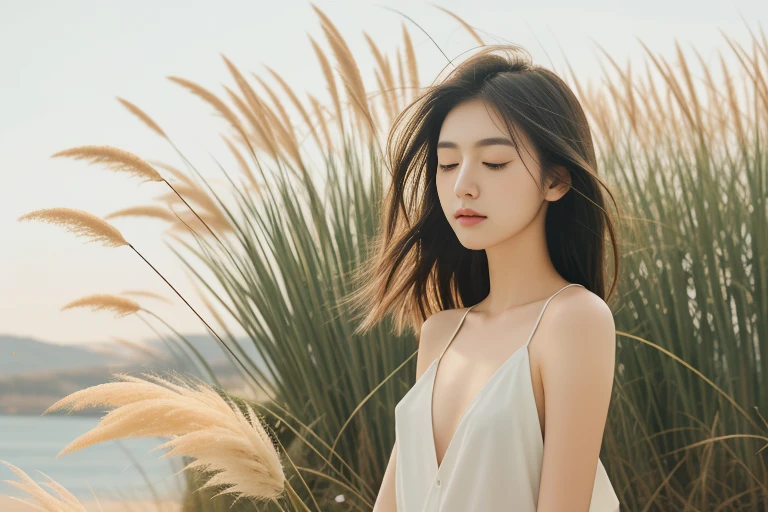 18-year-old girl，sportrait，sideface，完全的sideface，sideface，With his eyes closed，long eyelasher，the detail，prette，incomparable beauty，being thin，惨blanche的肤lanche，calm countenance，Intoxicated expression，Expose shoulder skin，Shirtless，Green pampas grass taller than a man，green pampas grass，Pu stick，There is wind，The wind blows messy hair，artistic conception，
