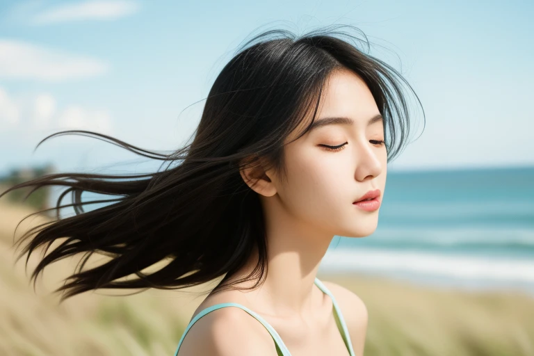 18-year-old girl,sportrait,sideface,完全的sideface,sideface,With his eyes closed,long eyelasher,the detail,prette,incomparable beauty,being thin,惨blanche的肤lanche,calm countenance,Intoxicated expression,Expose shoulder skin,Shirtless,Green pampas grass taller than a man,green pampas grass,Pu stick,There is wind,The wind blows messy hair,artistic conception,