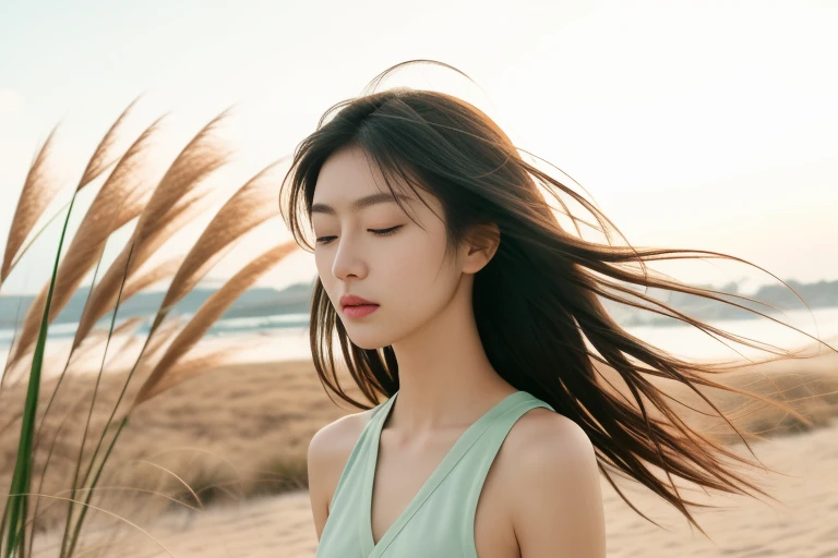 18-year-old girl，sportrait，sideface，完全的sideface，sideface，With his eyes closed，long eyelasher，the detail，prette，incomparable beauty，being thin，惨blanche的肤lanche，calm countenance，Intoxicated expression，Expose shoulder skin，Shirtless，Green pampas grass taller than a man，green pampas grass，Pu stick，There is wind，The wind blows messy hair，artistic conception，
